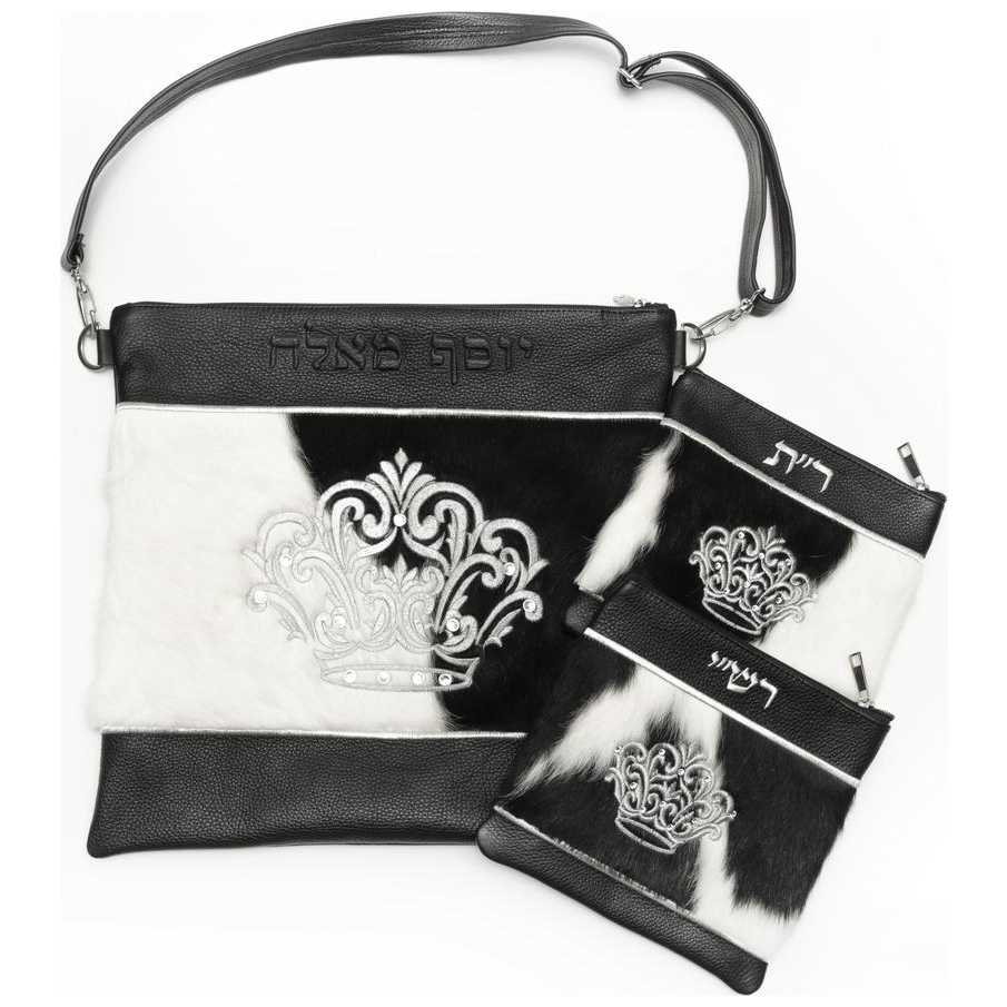 The Fur Collection Leather/crown Embroidered Design Personalized Tallit & Tefillin Bag Set - Black/white