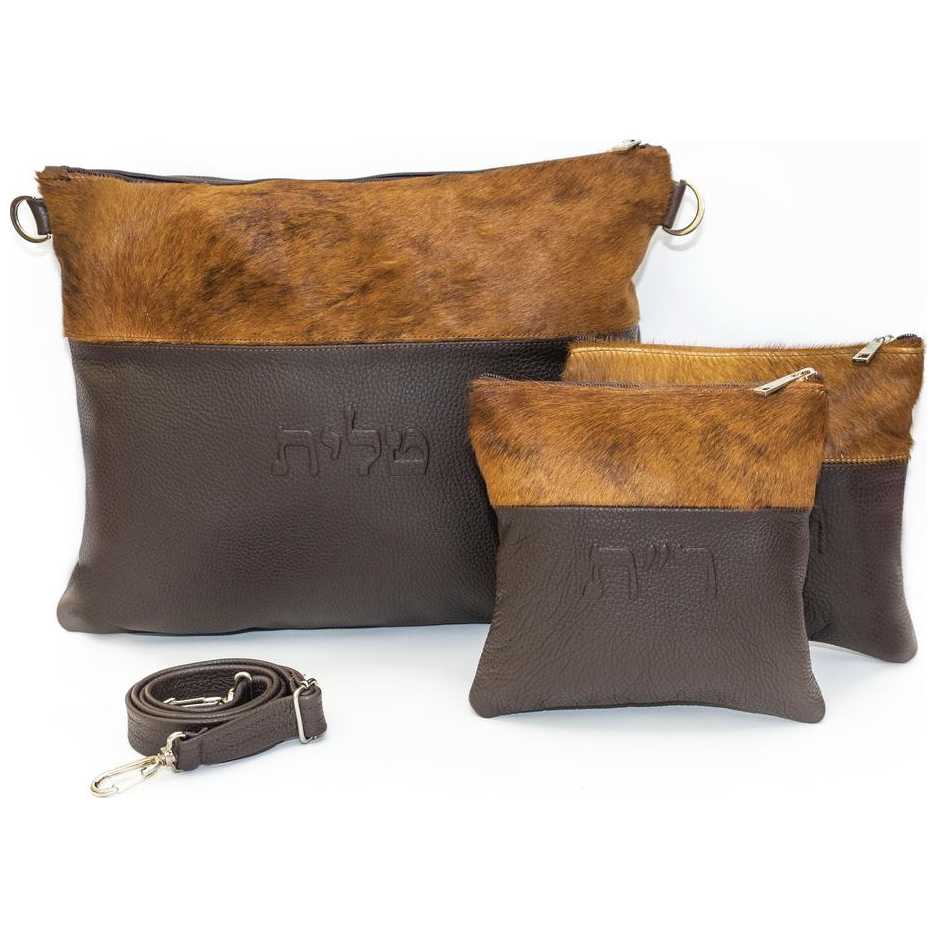 The Fur Collection Leather/fur Strip Personalized Tallit & Tefillin Bag Set - Brown/burnt Orange