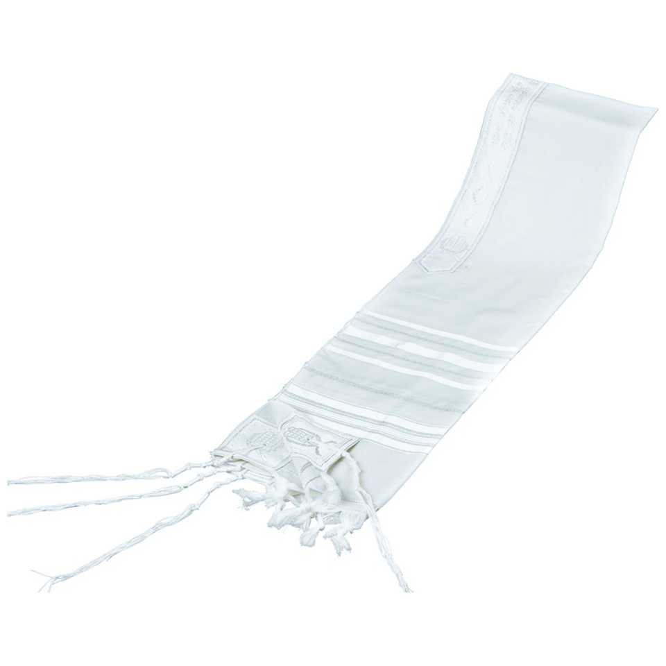 Traditional White Wool Tallit With Silver Stripes