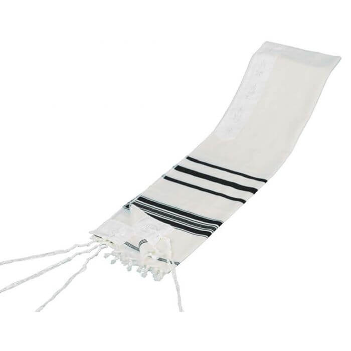 Traditional Black Stripe Wool Tallit with Avodat Yad Thick Tzitzit -  60" x 72" No Lining