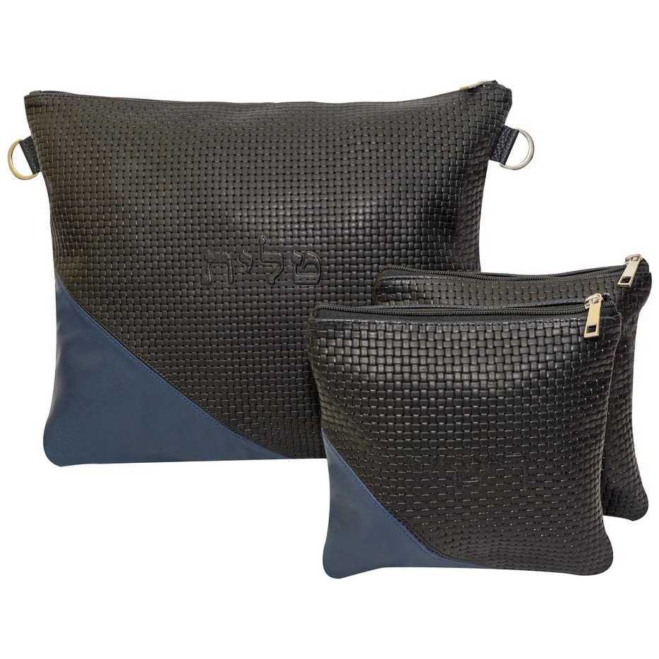 Two Toned Multi-Textured Personalized Tallit & Tefillin Bag Set - Black/blue Leather
