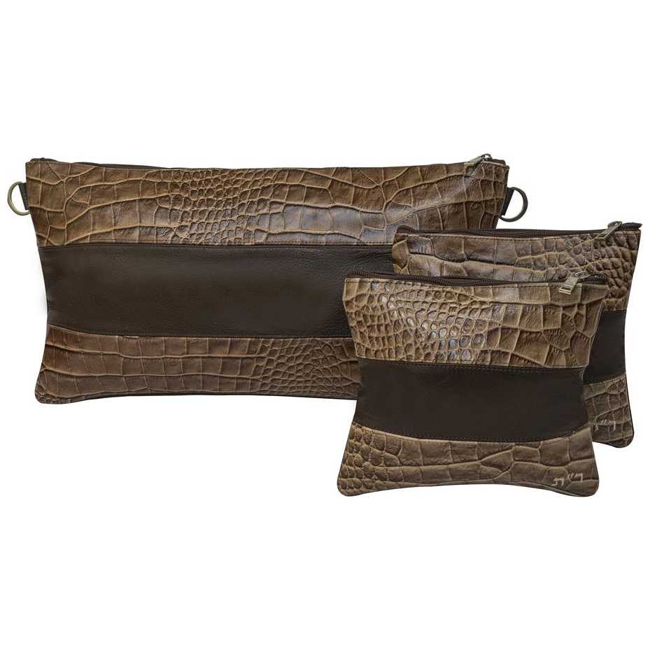 Two Toned Multi-Textured Personalized Tallit & Tefillin Bag Set - Chocolate Brown Leather