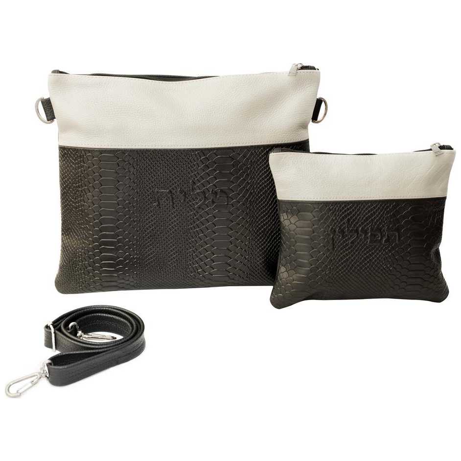 Two Toned Multi-Textured Personalized Tallit & Tefillin Bag Set - Olive/cream Leather
