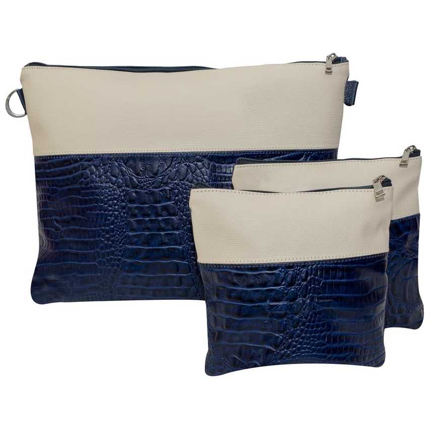 Two Toned Multi-Textured Personalized Tallit & Tefillin Bag Set - Navy Blue/ivory Leather