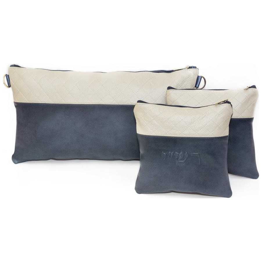 Two Toned Multi-Textured Personalized Tallit & Tefillin Bag Set - Navy/beige Leather
