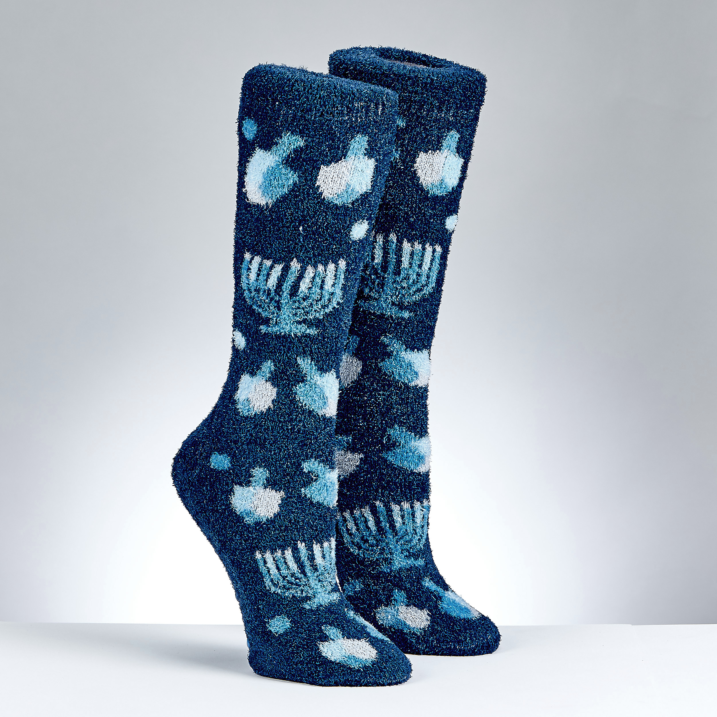 CHANUKAH COZY SLIPPER SOCKS,"MENORAHS&DREIDELS",POLY, ADULT,CARD