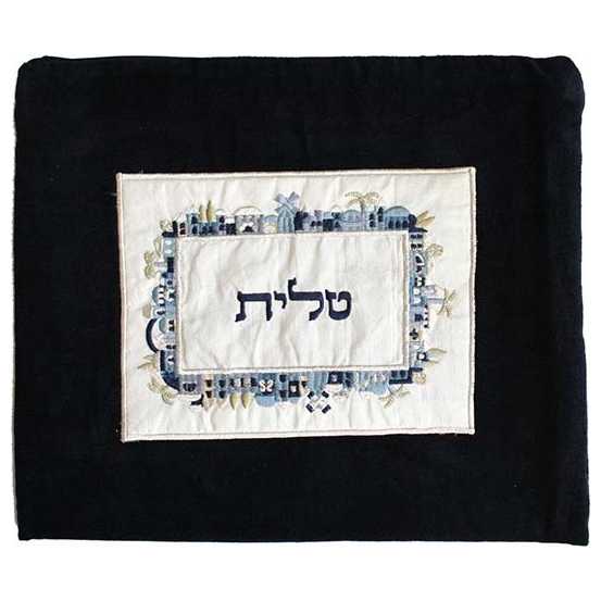 Velvet Embroidered Jerusalem Tallit Bag - Blue