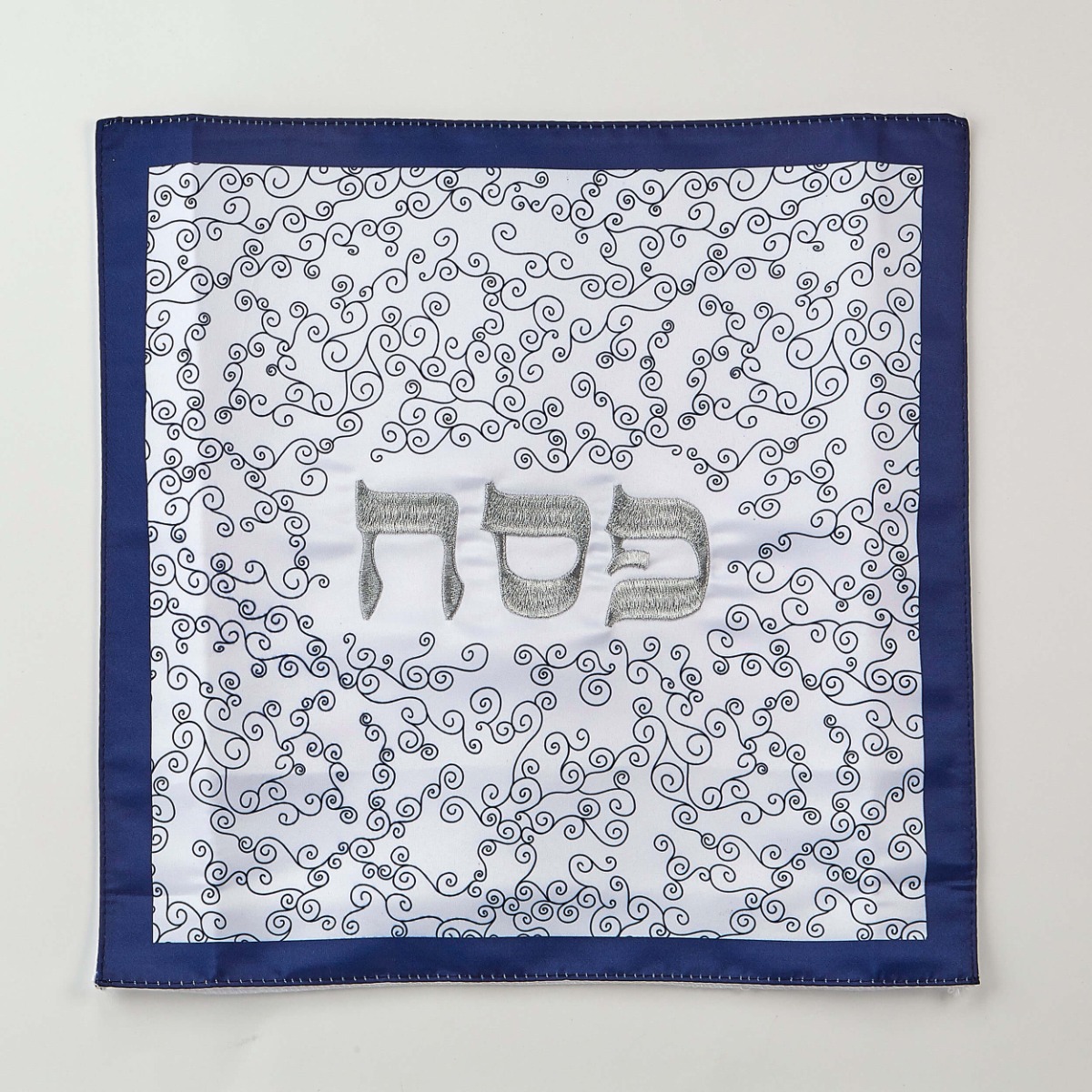 Embroidered "White Curlicues" Matzah Cover