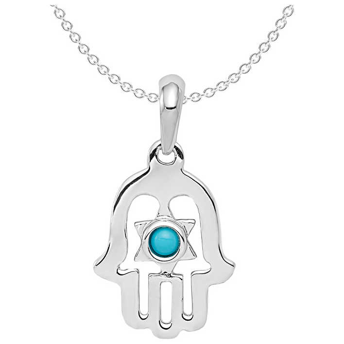 14K White Gold Star Of David Turquoise Hamsa Pendant