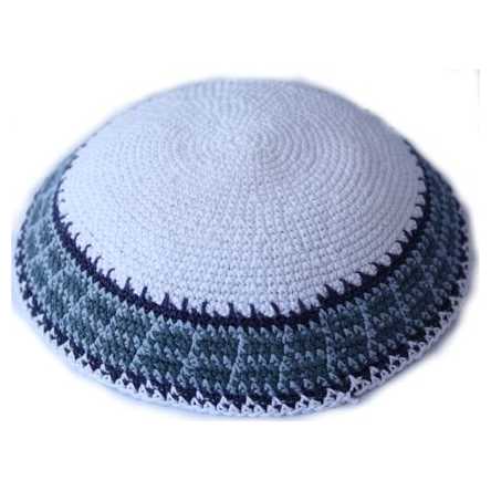White Knit Kippah With Blue Border