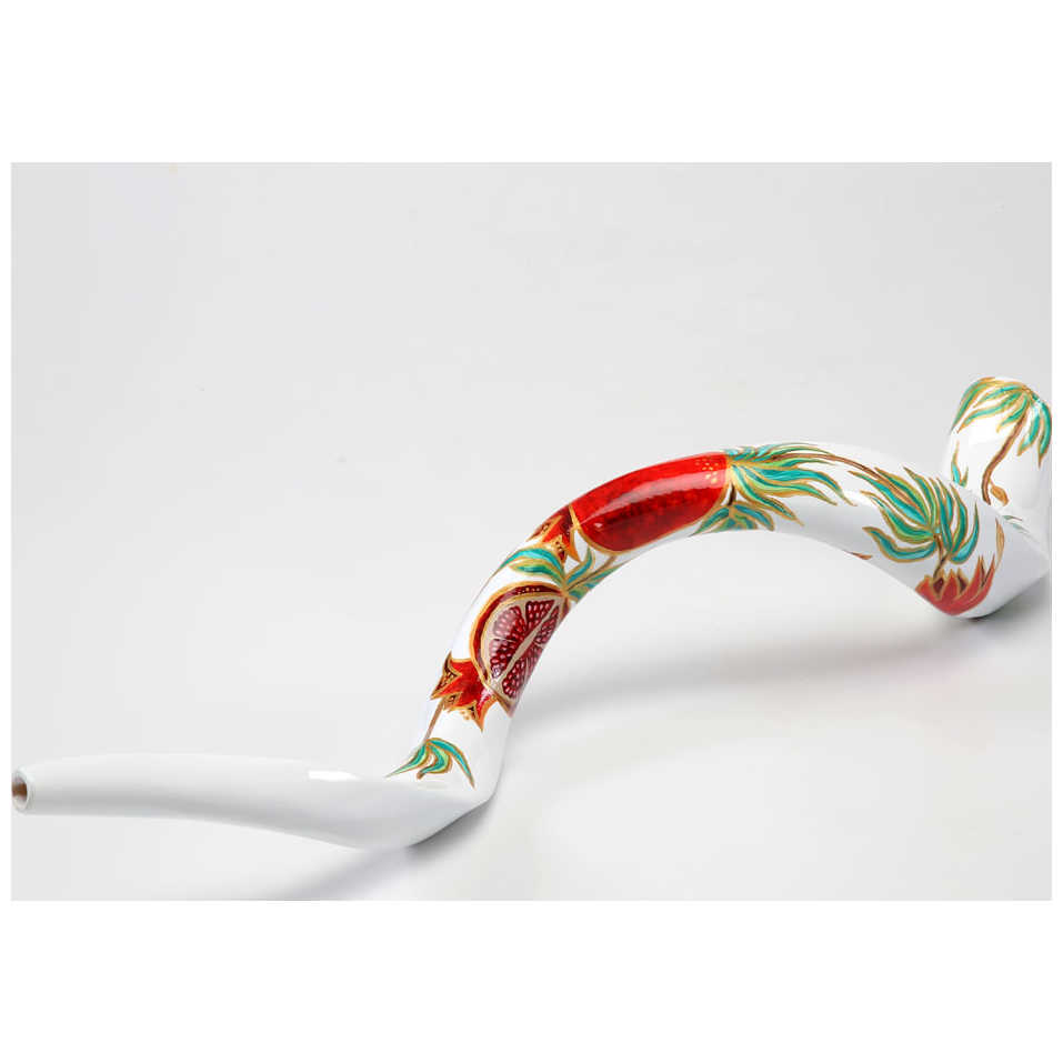White Pomegranate Painted Yemenite Shofar - 40" (White)