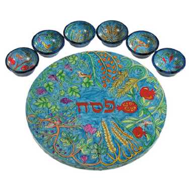 Wood Blue Seven Species Seder Plate -Perfect For Passover