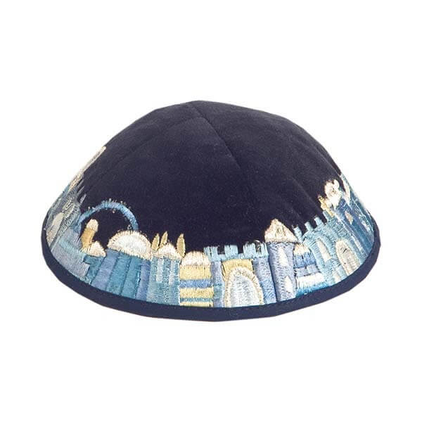 Blue Velvet Embroidered Jerusalem Border Kippah By Yair Emanuel