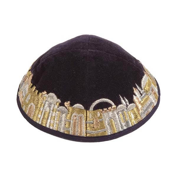Black Velvet Embroidered Jerusalem Border Kippah By Yair Emanuel